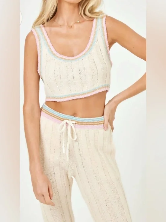 NWT l*space Ivy Cream Knit Crop Tank Top with Pastel Trim - Picture 1 of 11